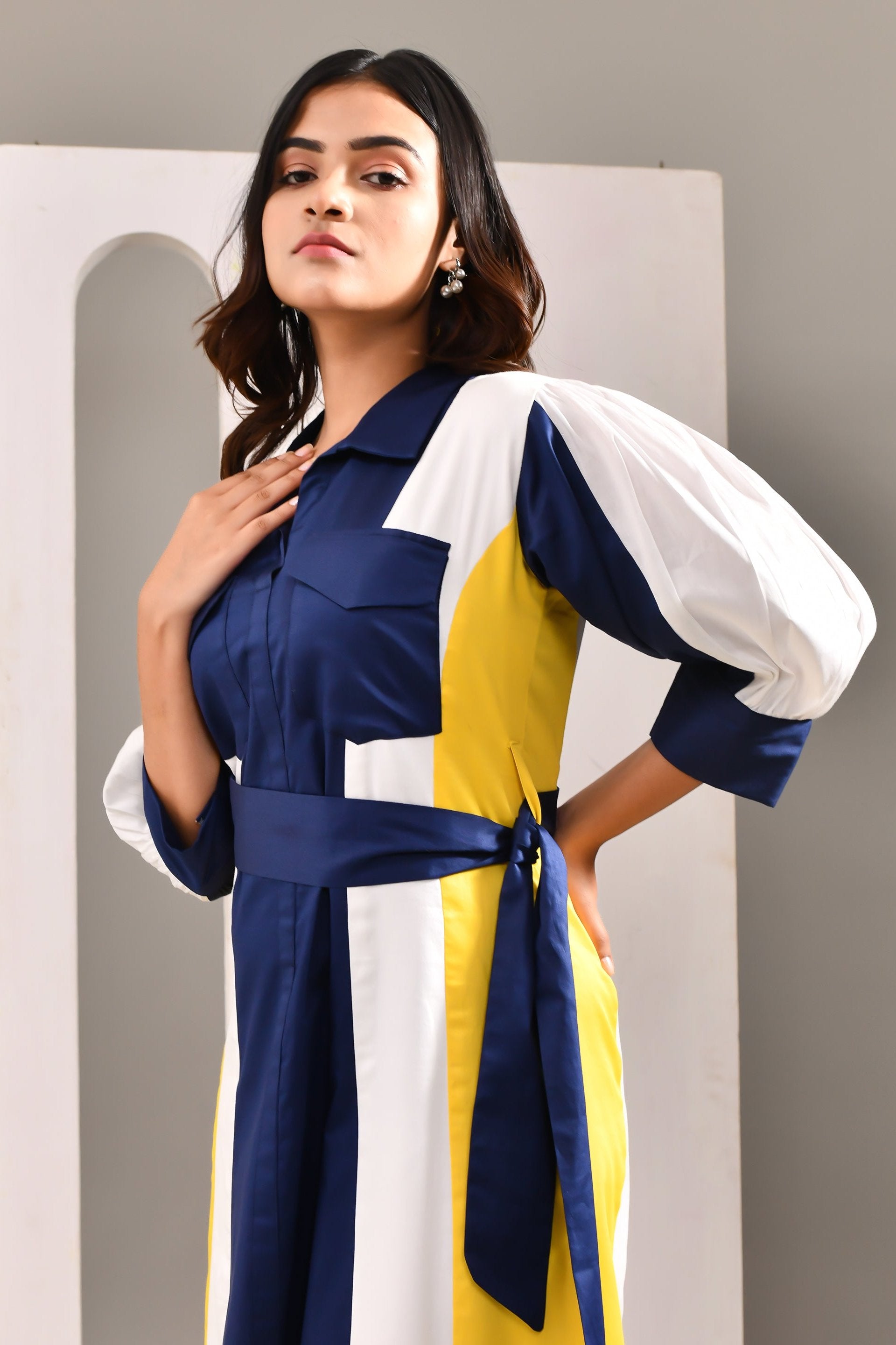 Multicolored Blended Cotton Self Textured Dress - Golden Muslin