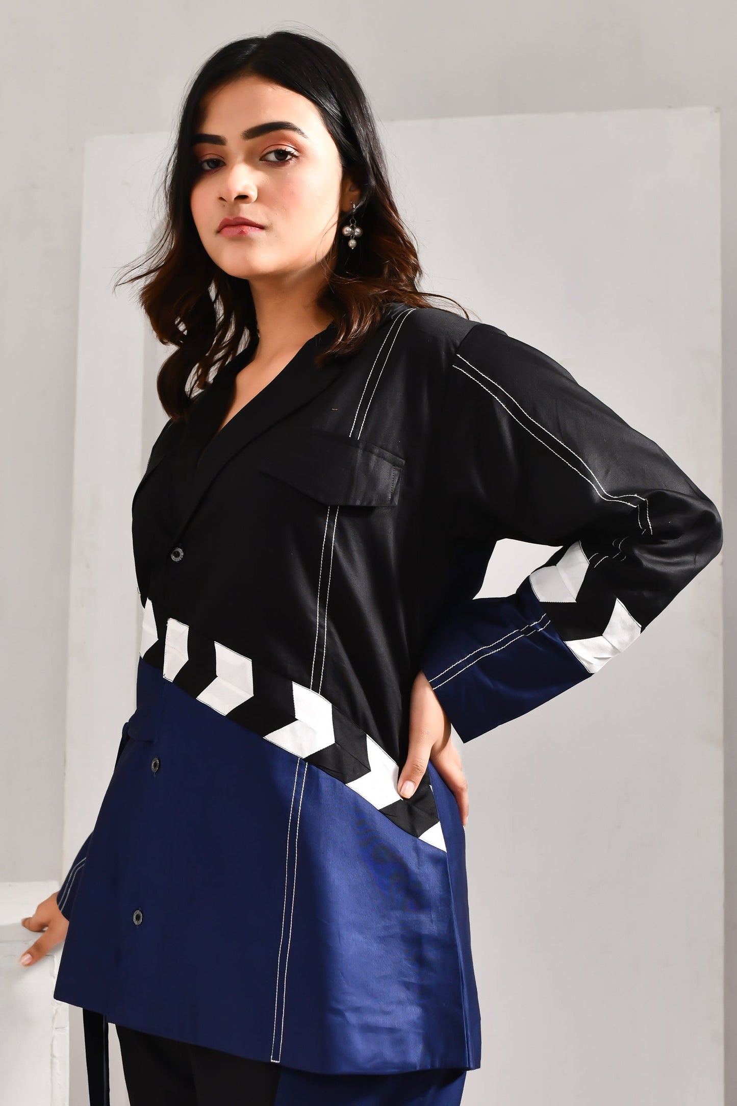 Deep Blue and Black Blended Cotton Jacket Style Co Ord Set - Golden Muslin
