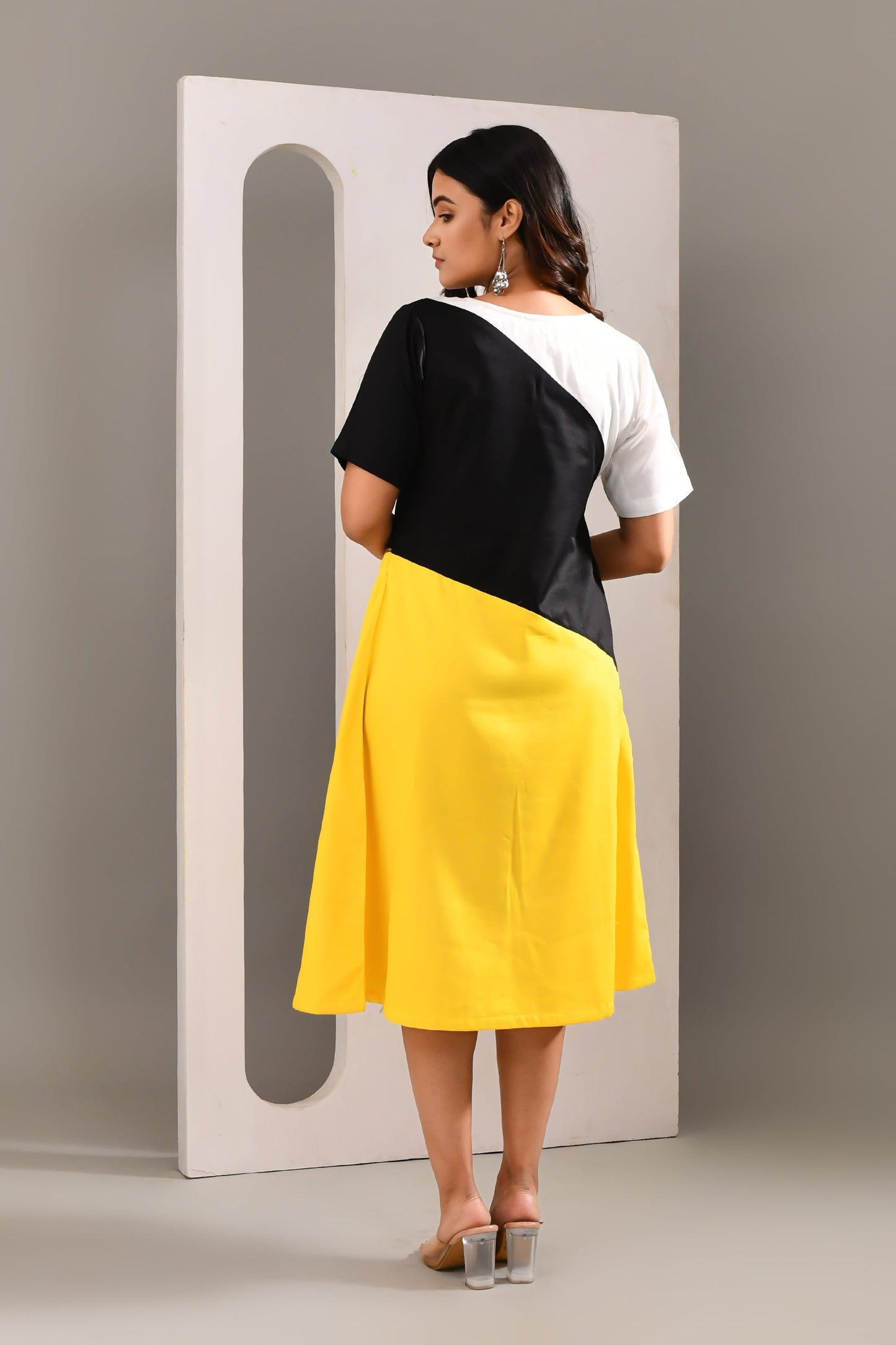 Multicolored Blended Cotton Solid Textured Dress - Golden Muslin