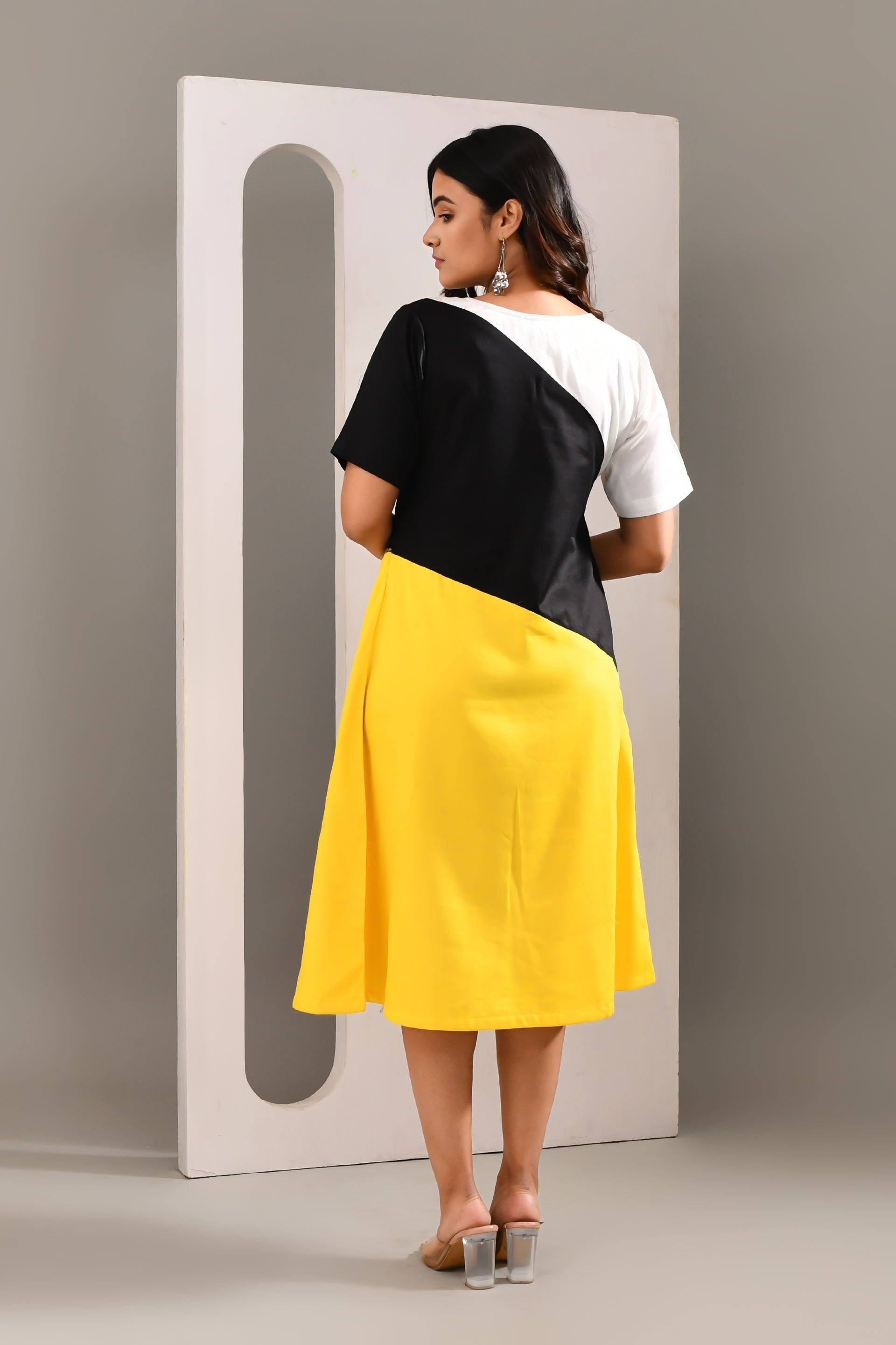 Multicolored Blended Cotton Solid Textured Dress - Golden Muslin