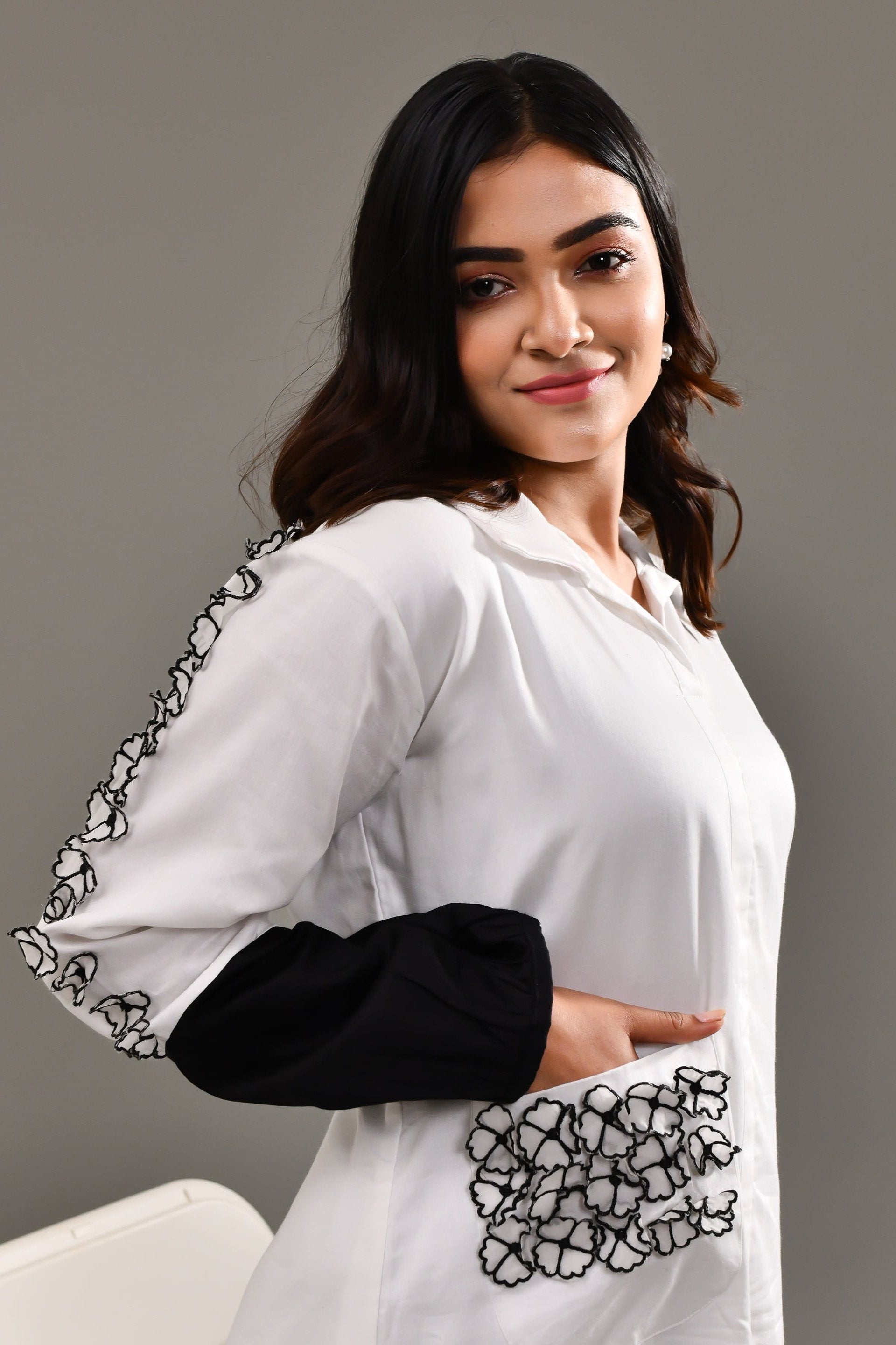 White and Black Blended Cotton Dress - Golden Muslin