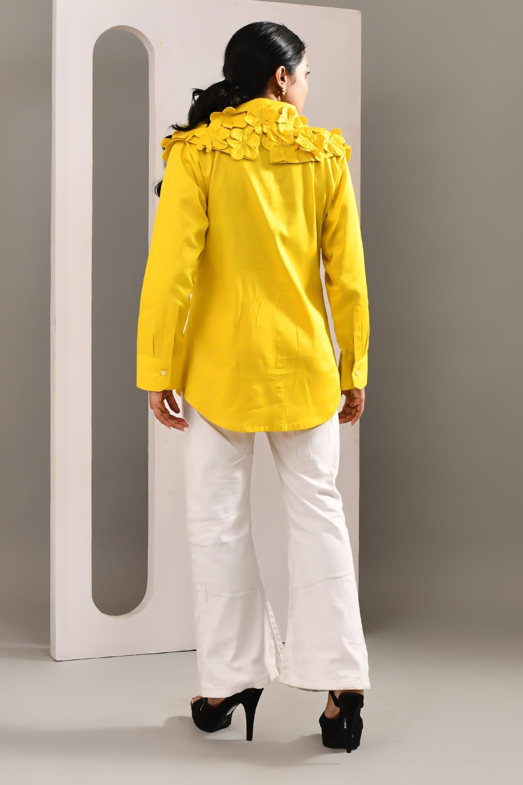 Vibrant Yellow Flower Worked Blended Cotton Shirt - Golden Muslin