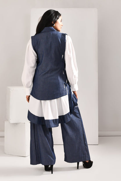 Denim Blue & White Blended Cotton & Organza Co Ord Set - Golden Muslin