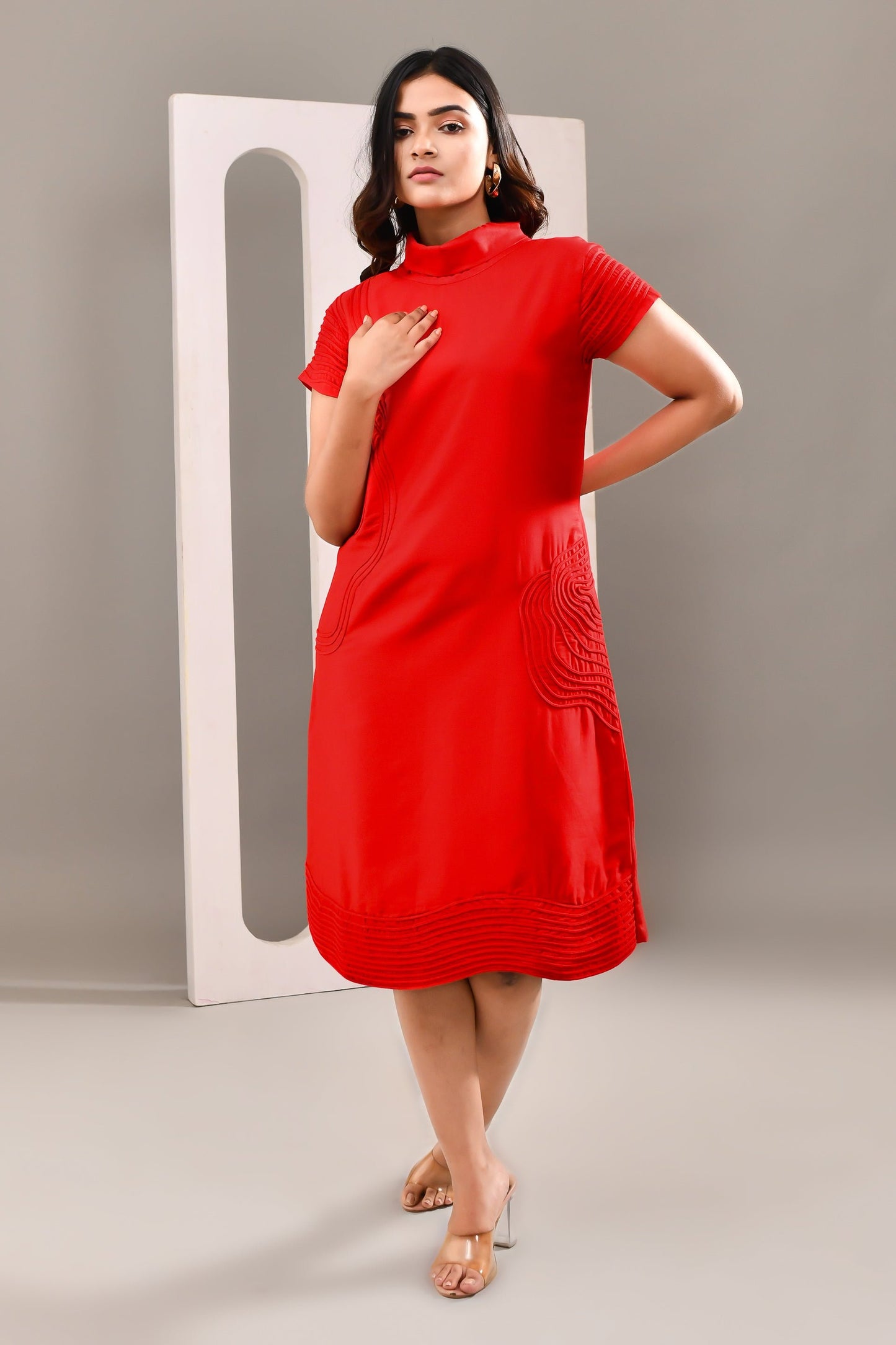 Cherry Red Blended Cotton Self Textured Dress - Golden Muslin