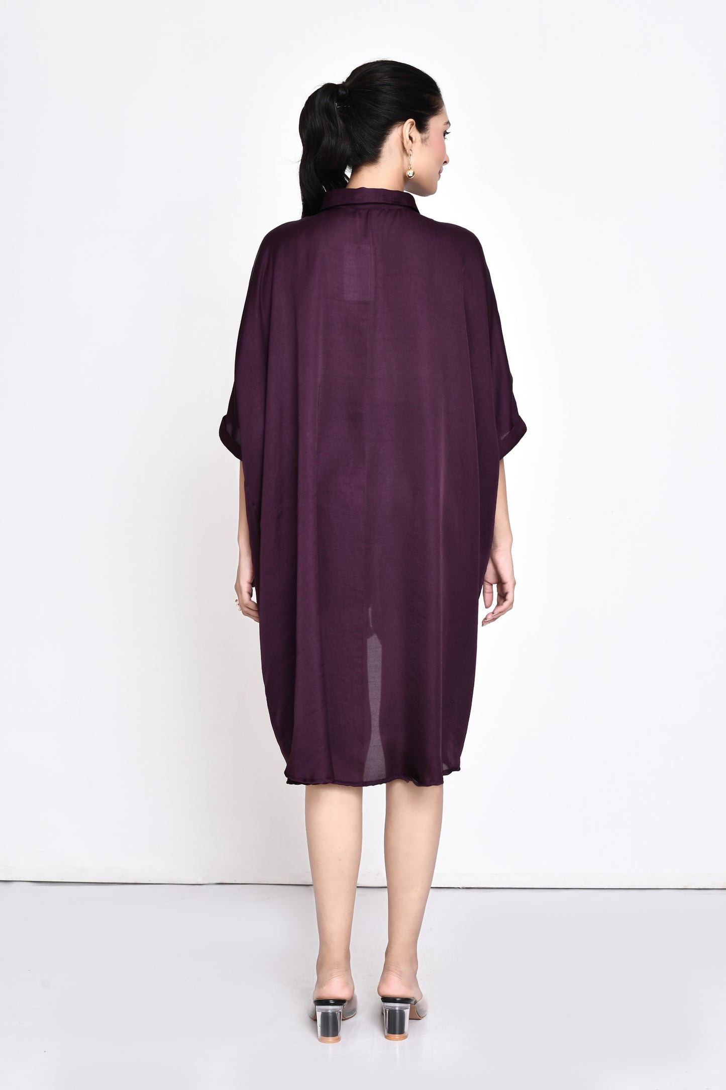 Wine Silk Embroidered Shirt Dress