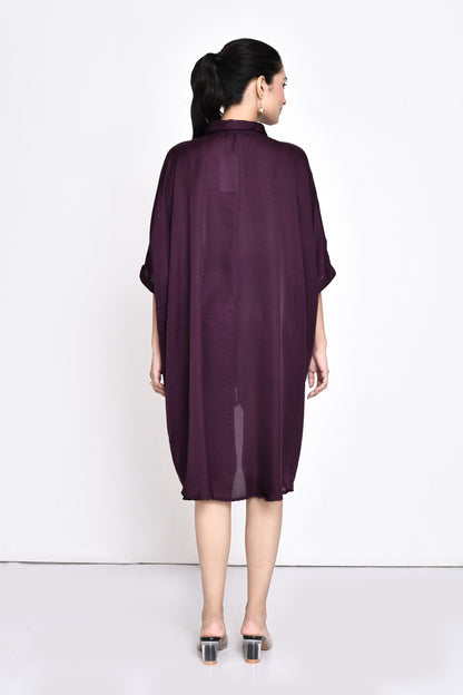 Wine Silk Embroidered Shirt Dress
