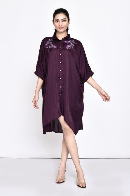 Wine Silk Embroidered Shirt Dress