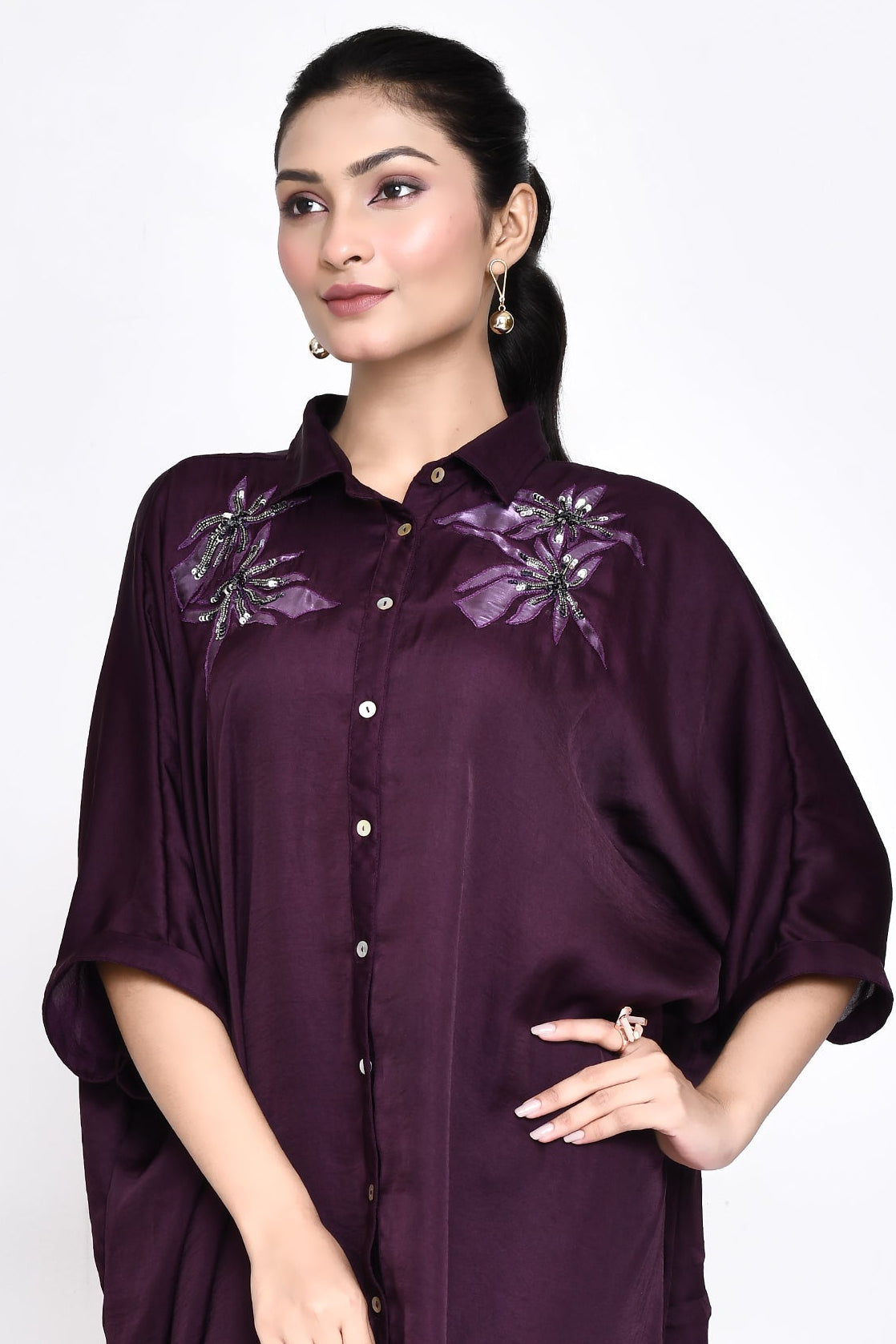 Wine Silk Embroidered Shirt Dress