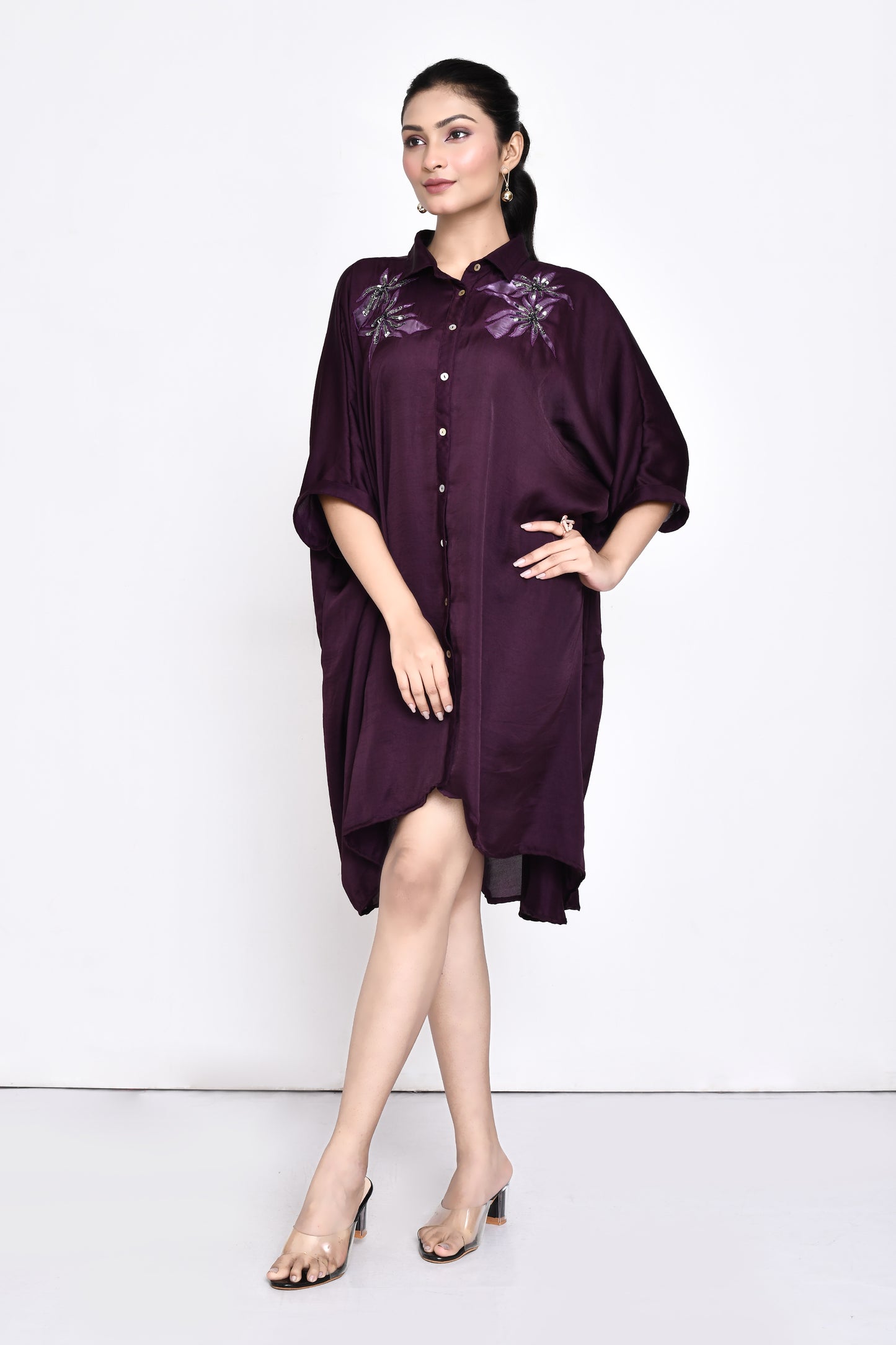 Wine Silk Embroidered Shirt Dress