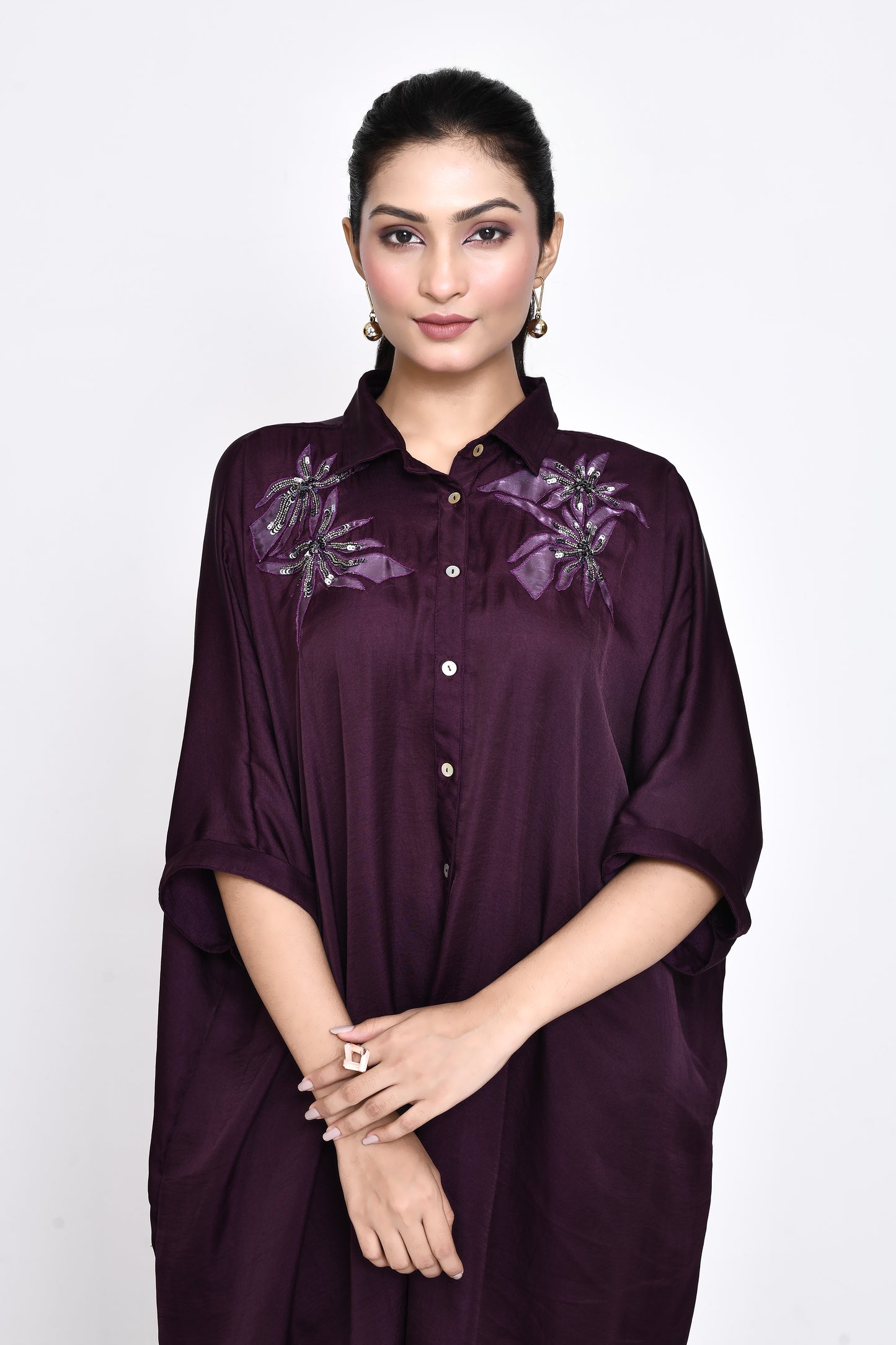 Wine Silk Embroidered Shirt Dress