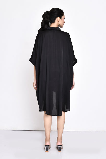 Black Silk Embroidered Shirt Dress