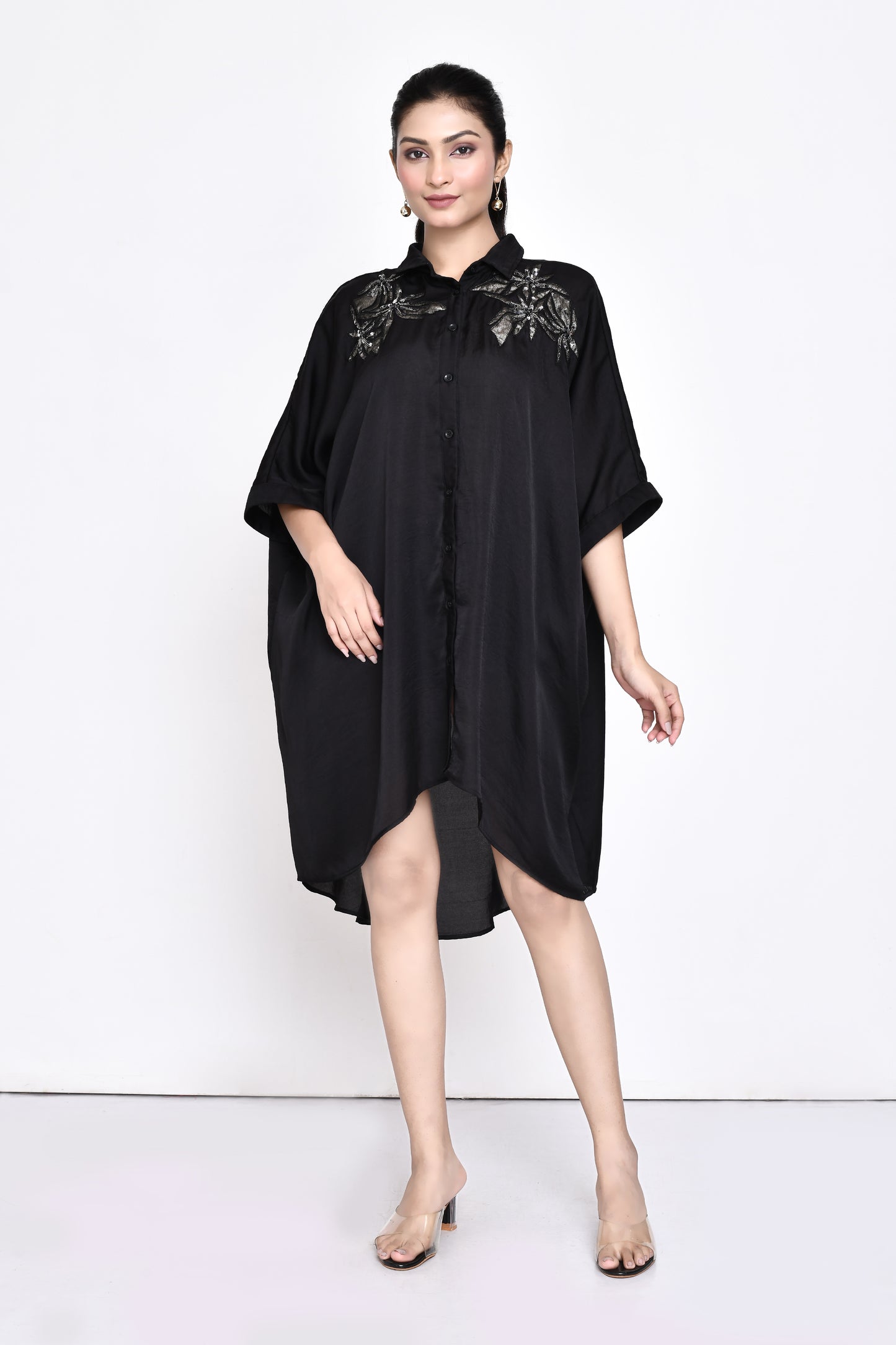 Black Silk Embroidered Shirt Dress