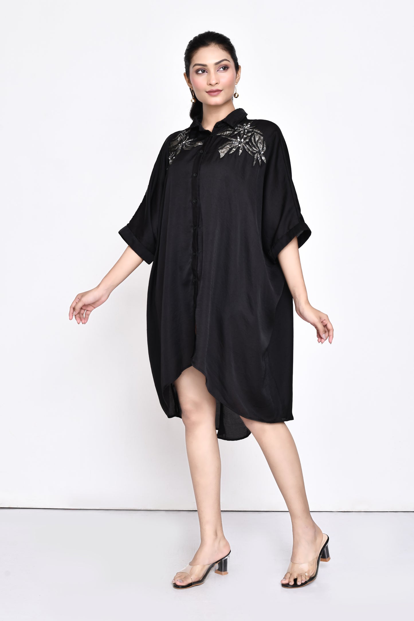 Black Silk Embroidered Shirt Dress