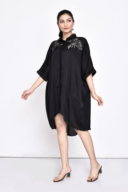Black Silk Embroidered Shirt Dress