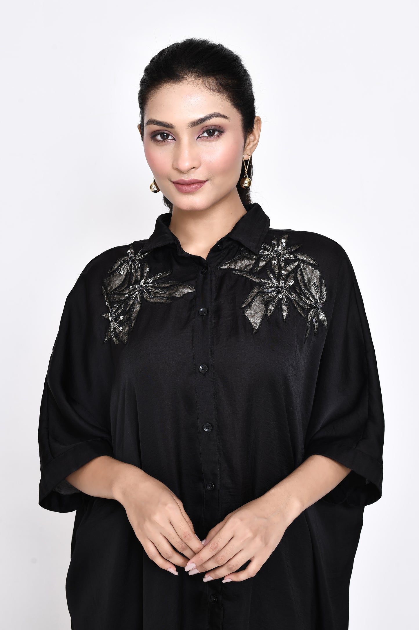 Black Silk Embroidered Shirt Dress