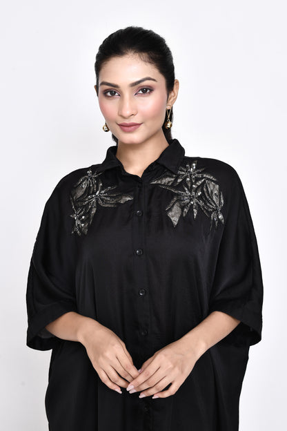 Black Silk Embroidered Shirt Dress
