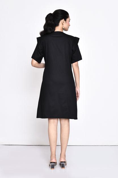 Black Poplin Overlap Embellished Dress