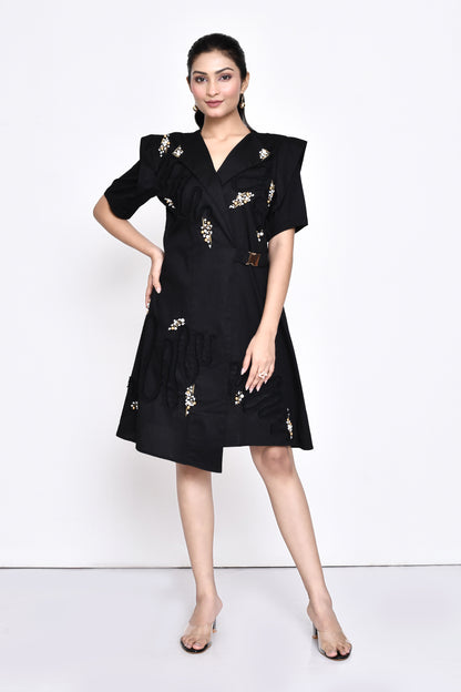 Black Poplin Overlap Embellished Dress