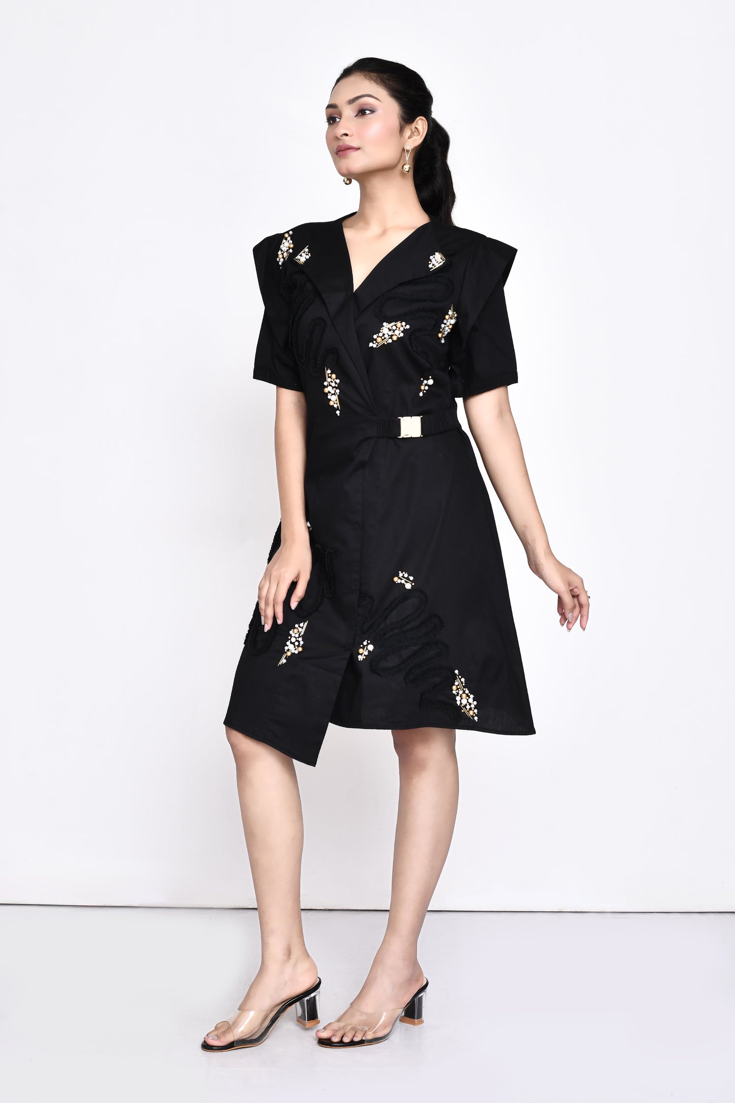 Black Poplin Overlap Embellished Dress