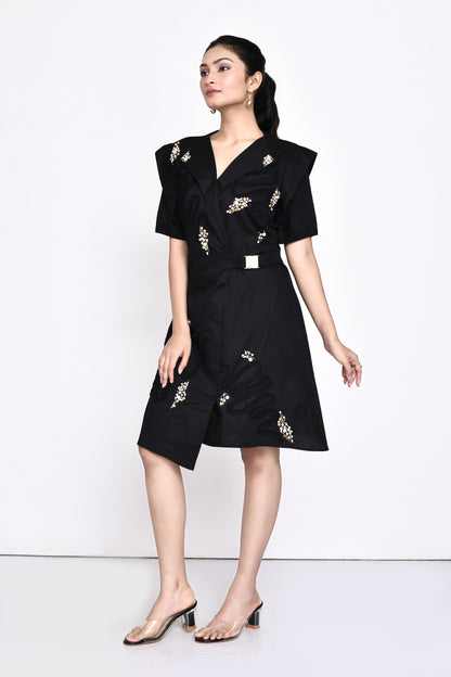 Black Poplin Overlap Embellished Dress
