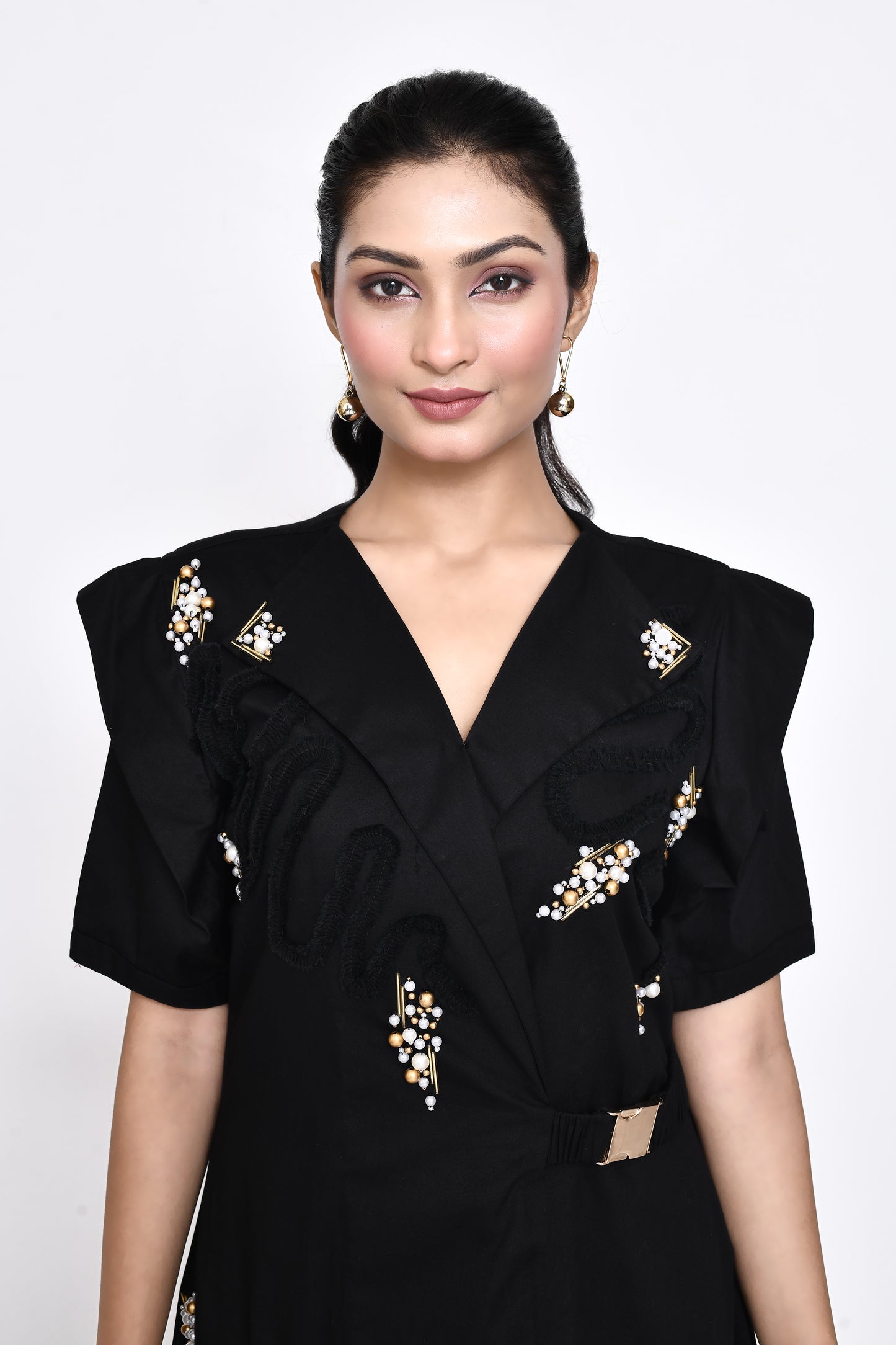 Black Poplin Overlap Embellished Dress