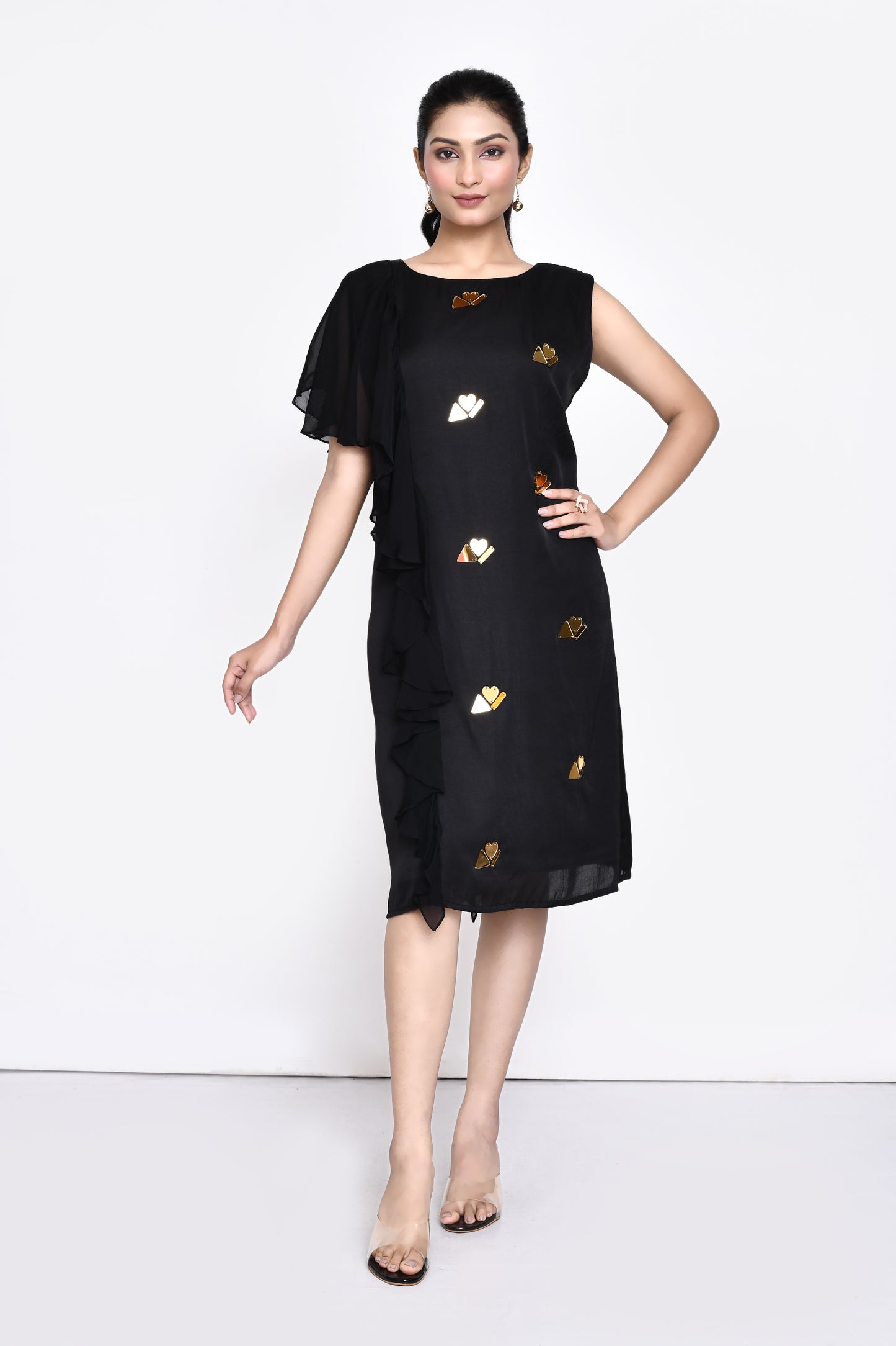 Black Silk Embellished Shift Dress