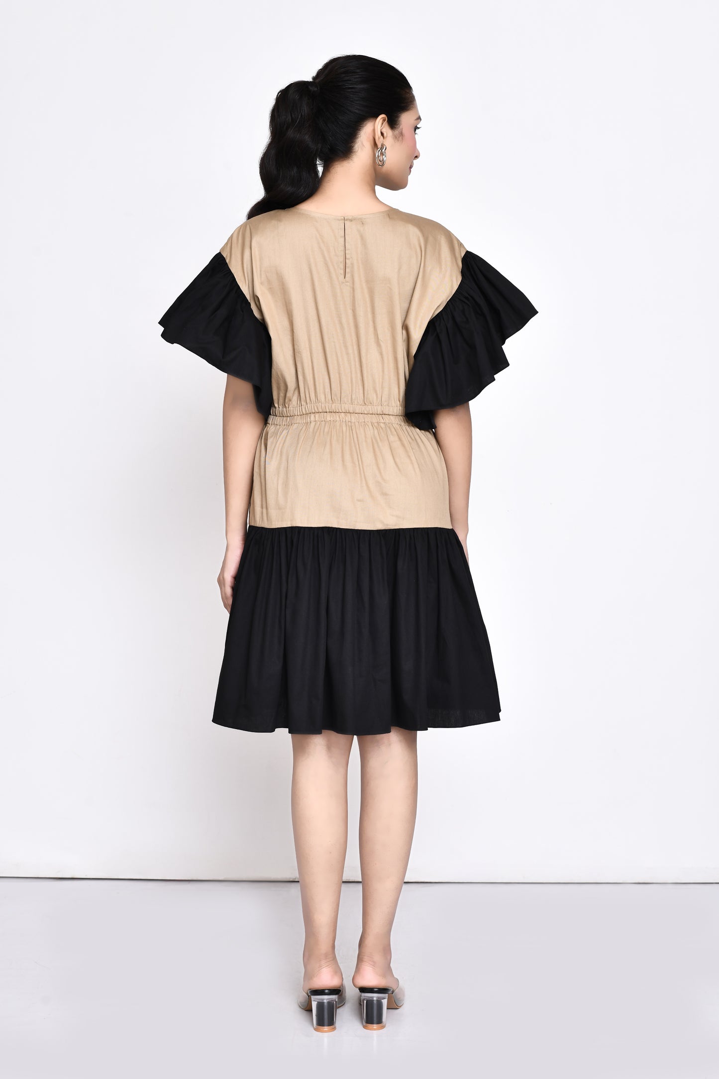 Beige Cotton Satin Dress with Stylised Sleeves
