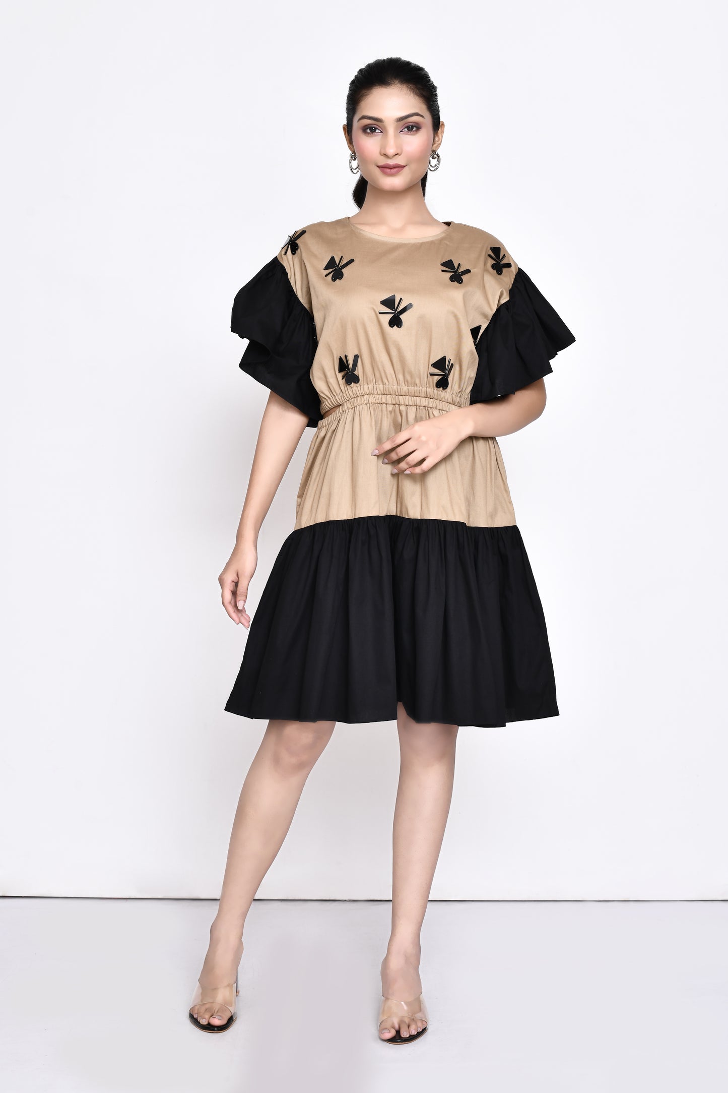 Beige Cotton Satin Dress with Stylised Sleeves