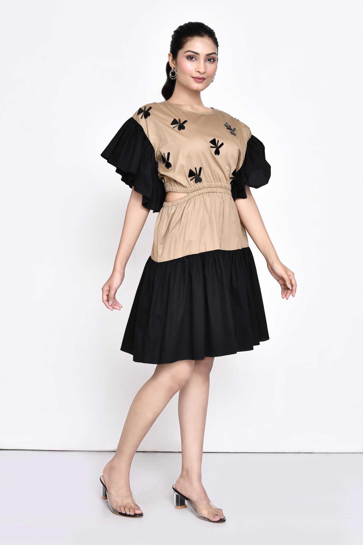 Beige Cotton Satin Dress with Stylised Sleeves
