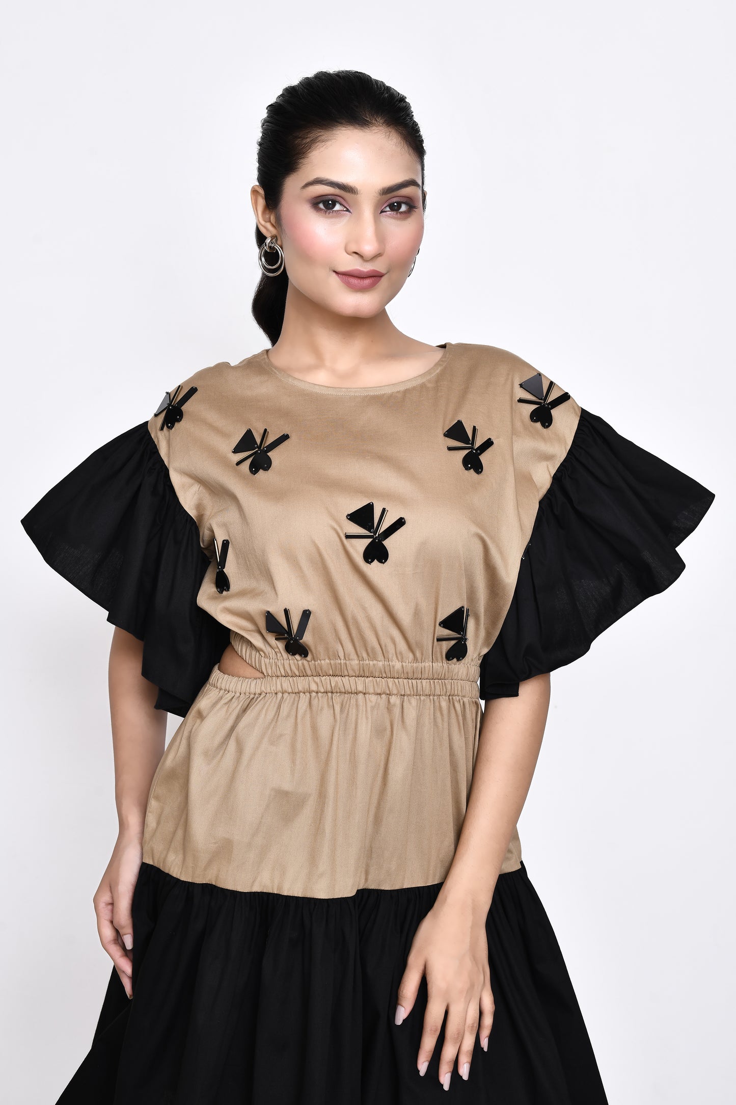 Beige Cotton Satin Dress with Stylised Sleeves
