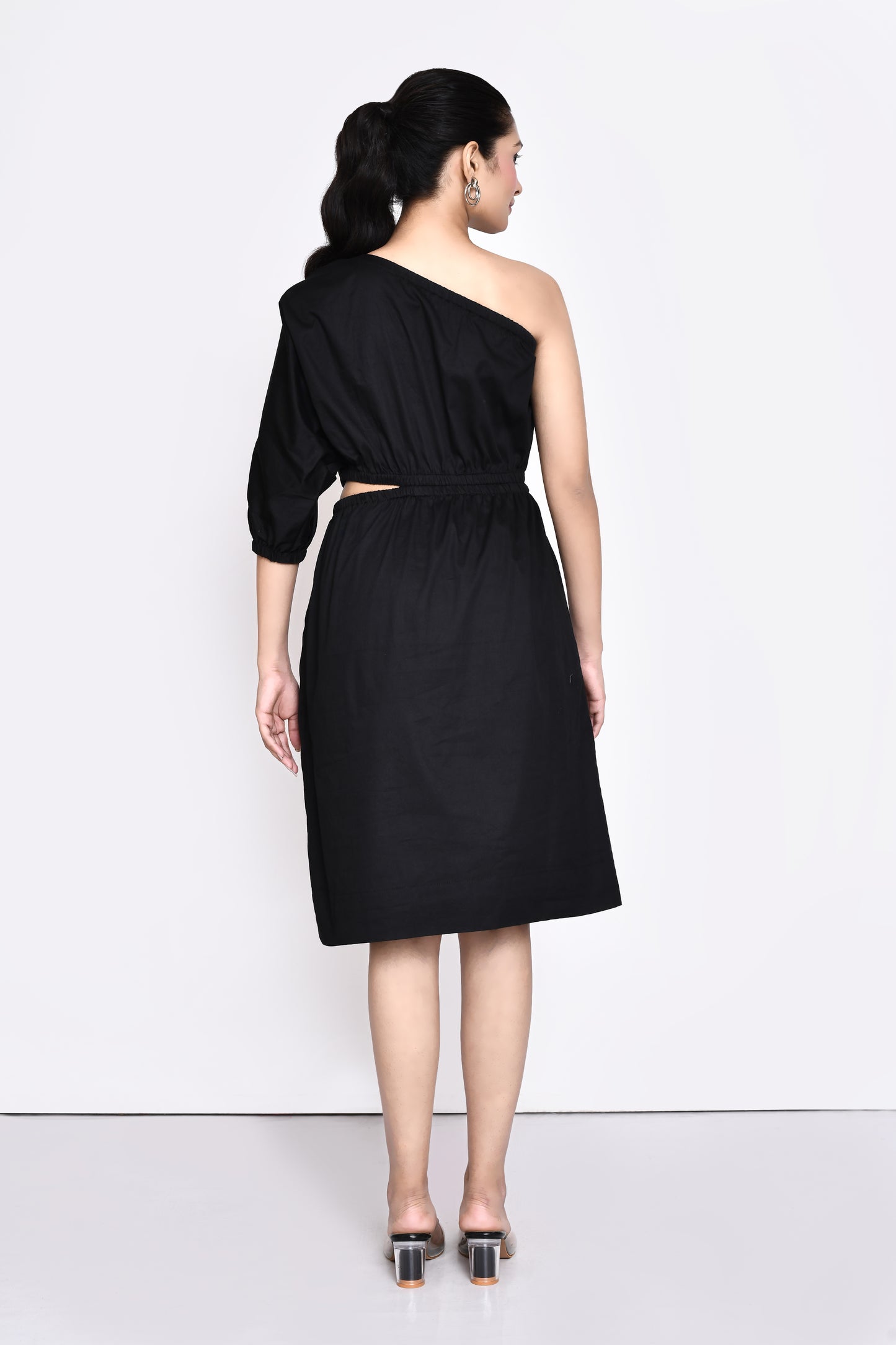 Black Cotton Satin One Shoulder Dress