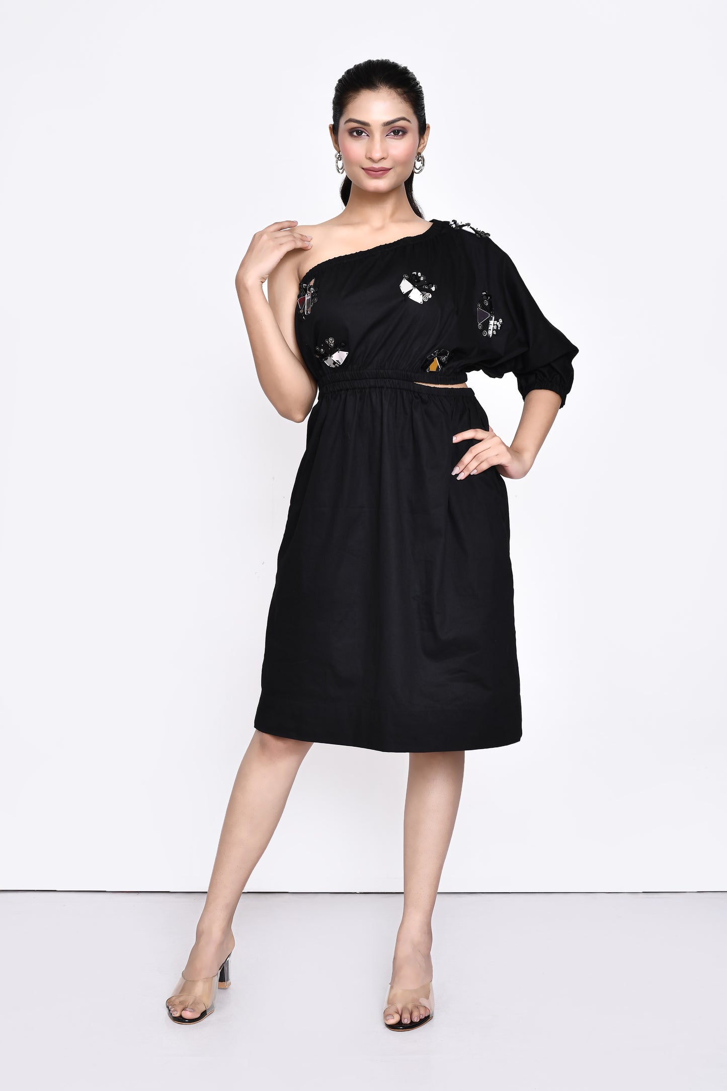 Black Cotton Satin One Shoulder Dress