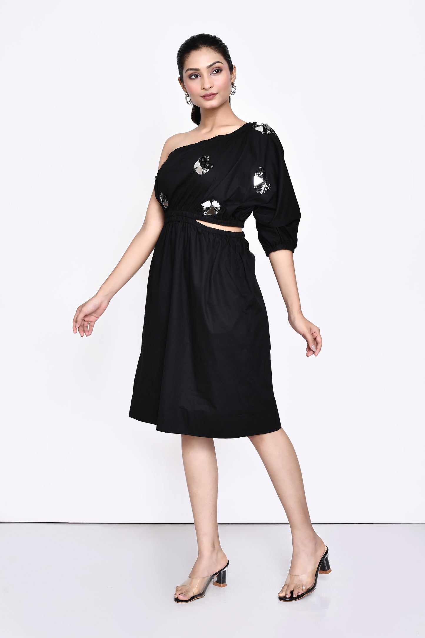 Black Cotton Satin One Shoulder Dress