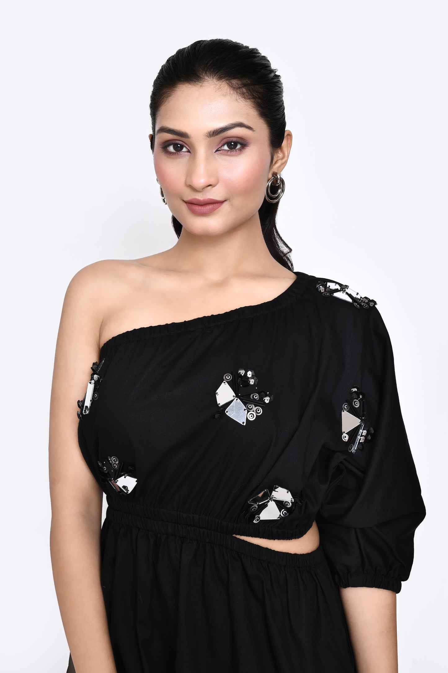 Black Cotton Satin One Shoulder Dress