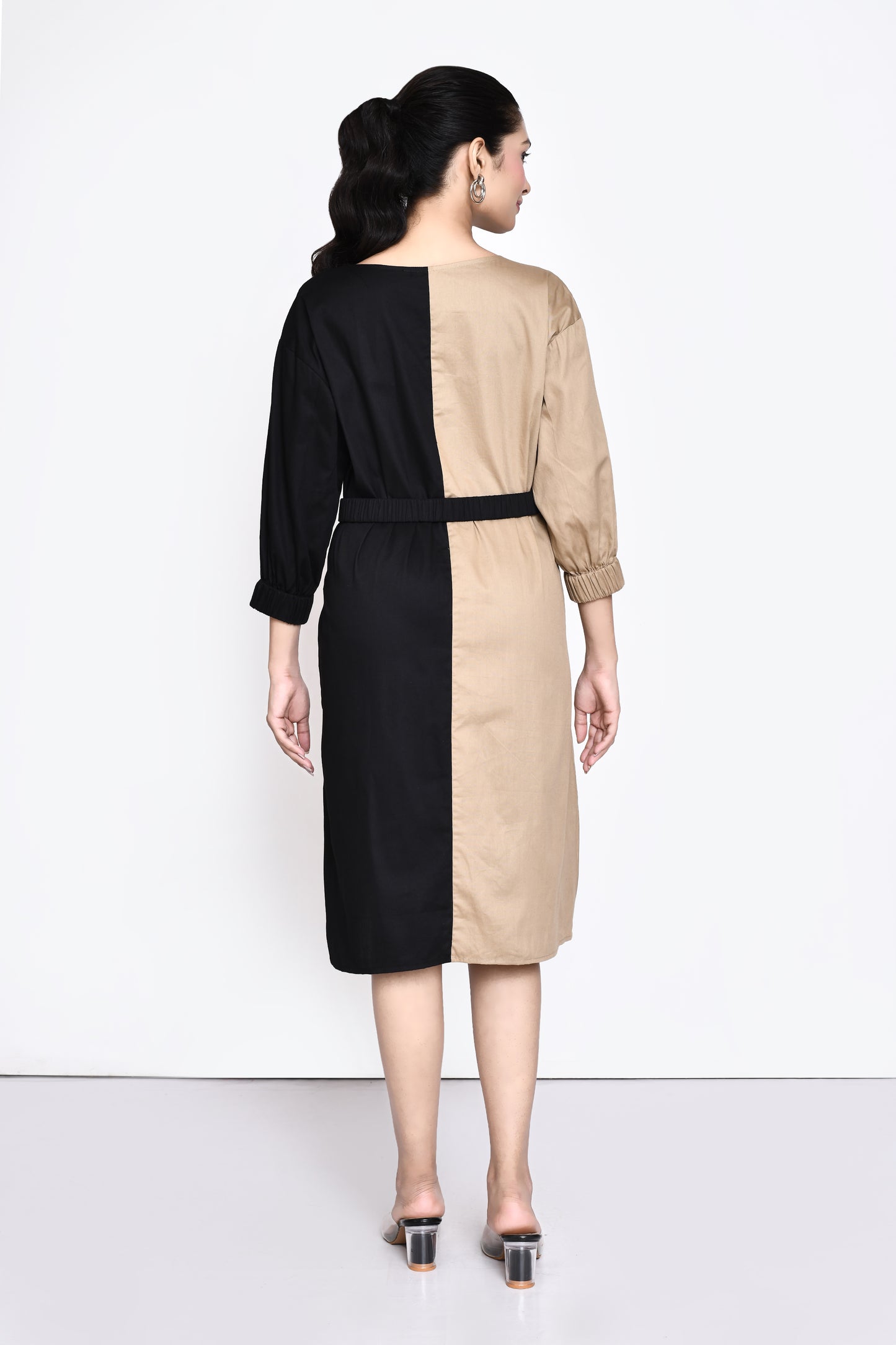 Beige and Black Poplin Dress