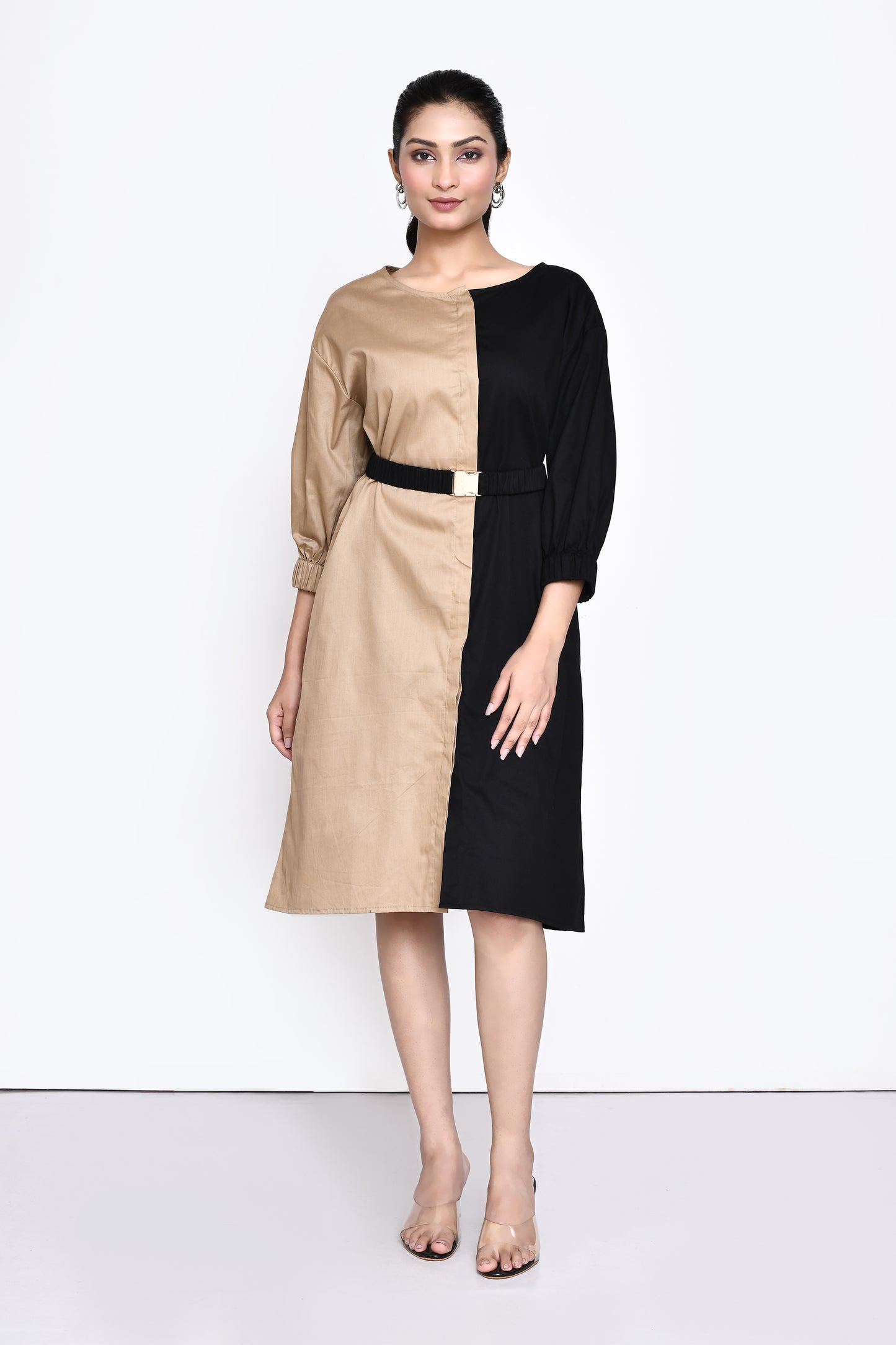 Beige and Black Poplin Dress