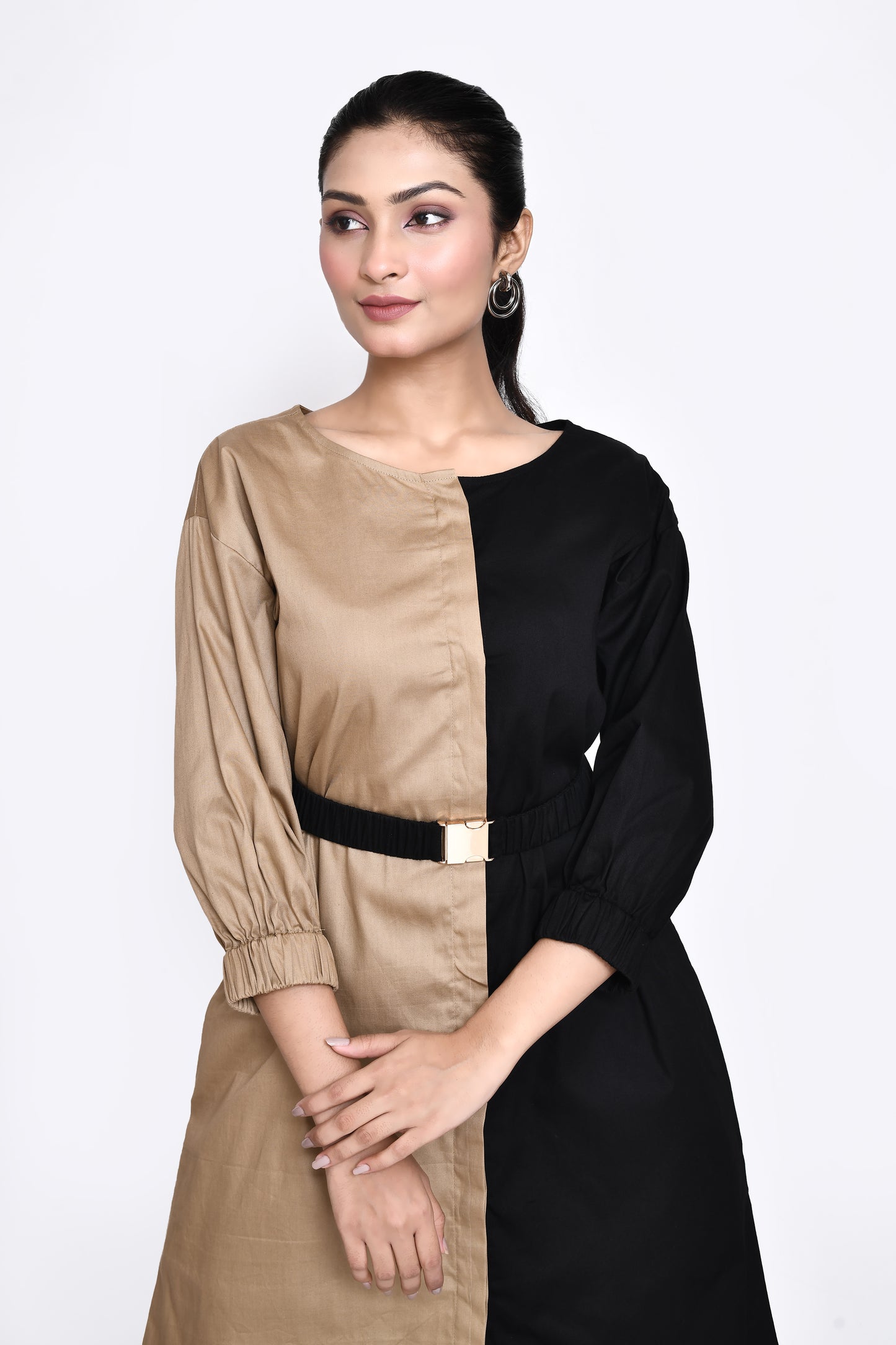 Beige and Black Poplin Dress