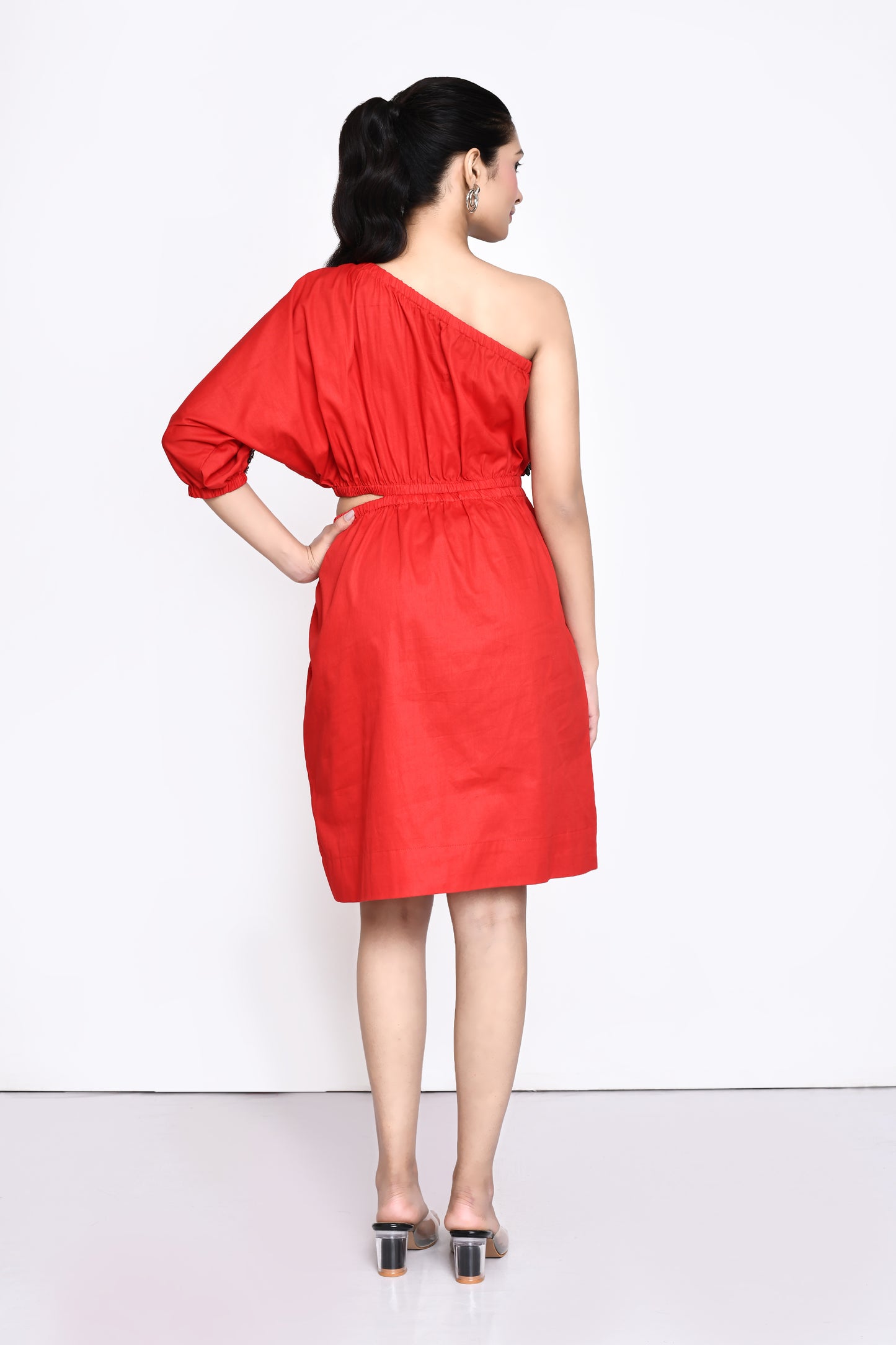 Red Cotton Satin One Shoulder Dress
