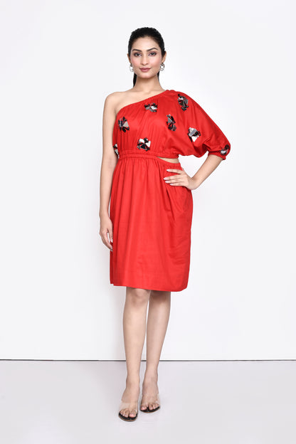 Red Cotton Satin One Shoulder Dress