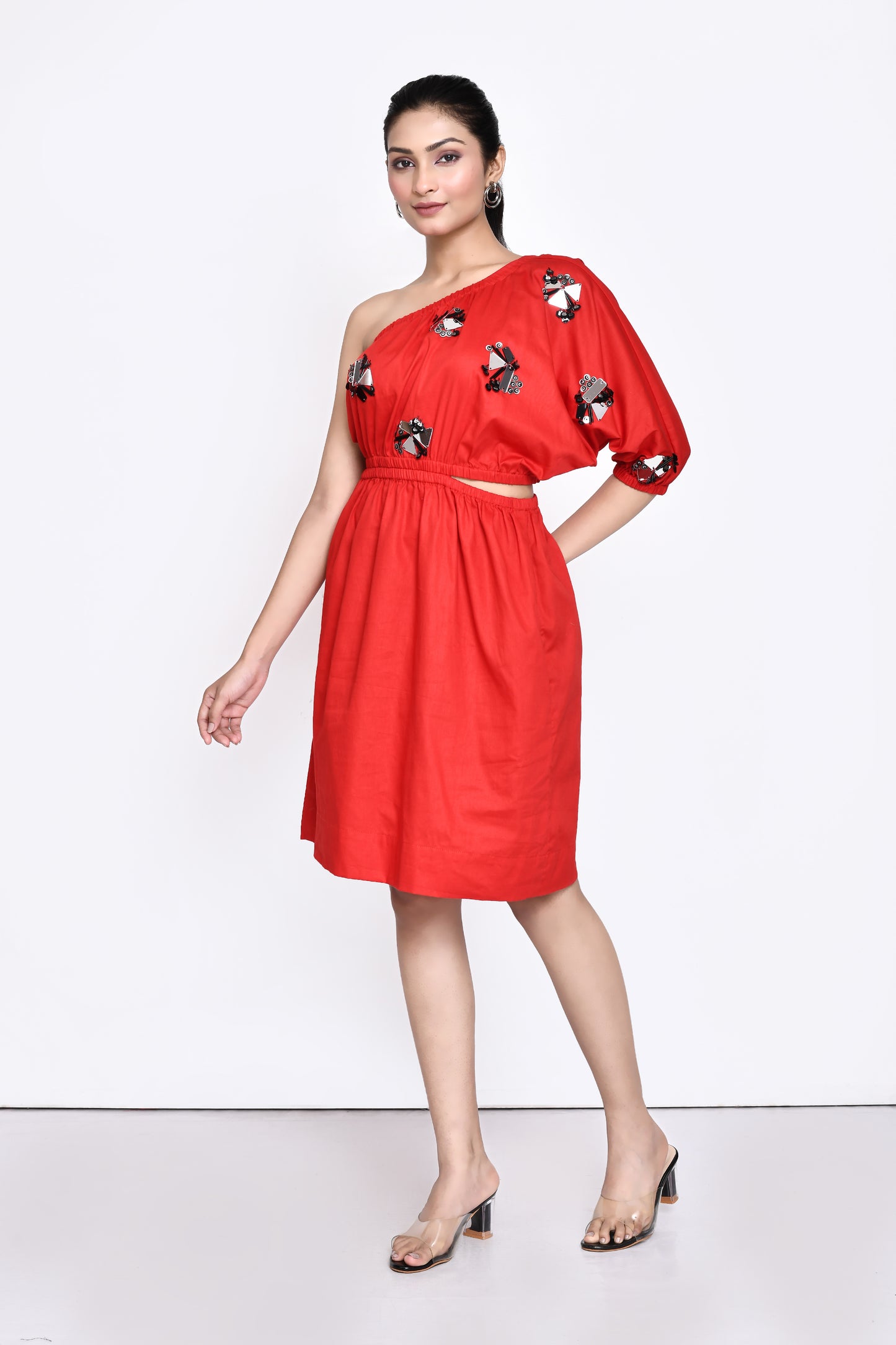 Red Cotton Satin One Shoulder Dress