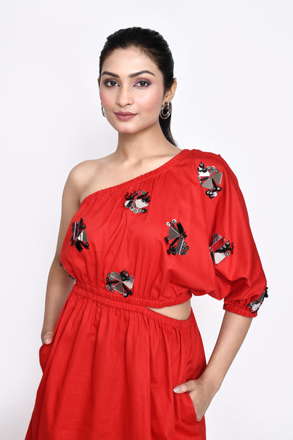 Red Cotton Satin One Shoulder Dress