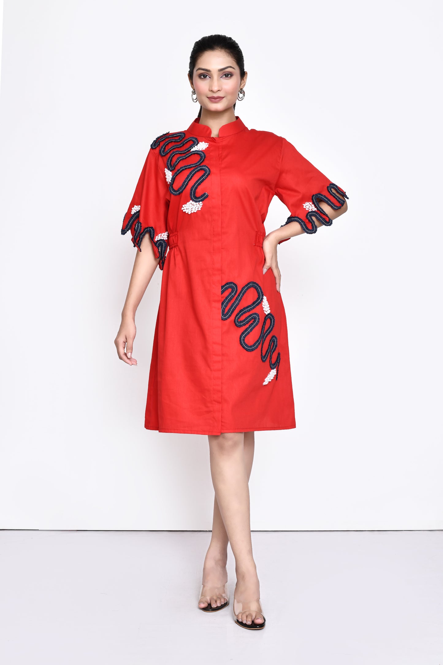 Red Cotton Embellished Dress