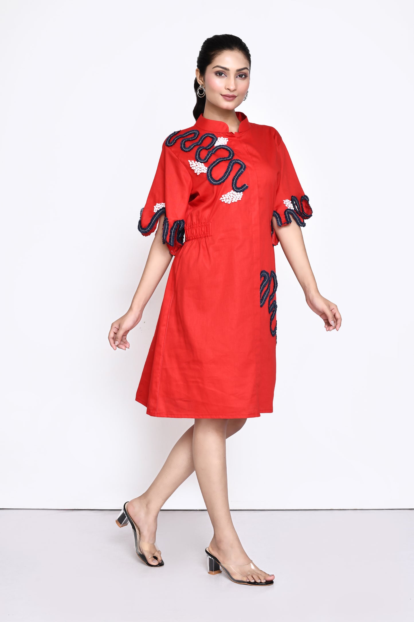Red Cotton Embellished Dress