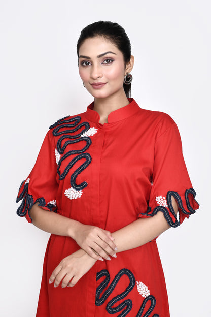 Red Cotton Embellished Dress