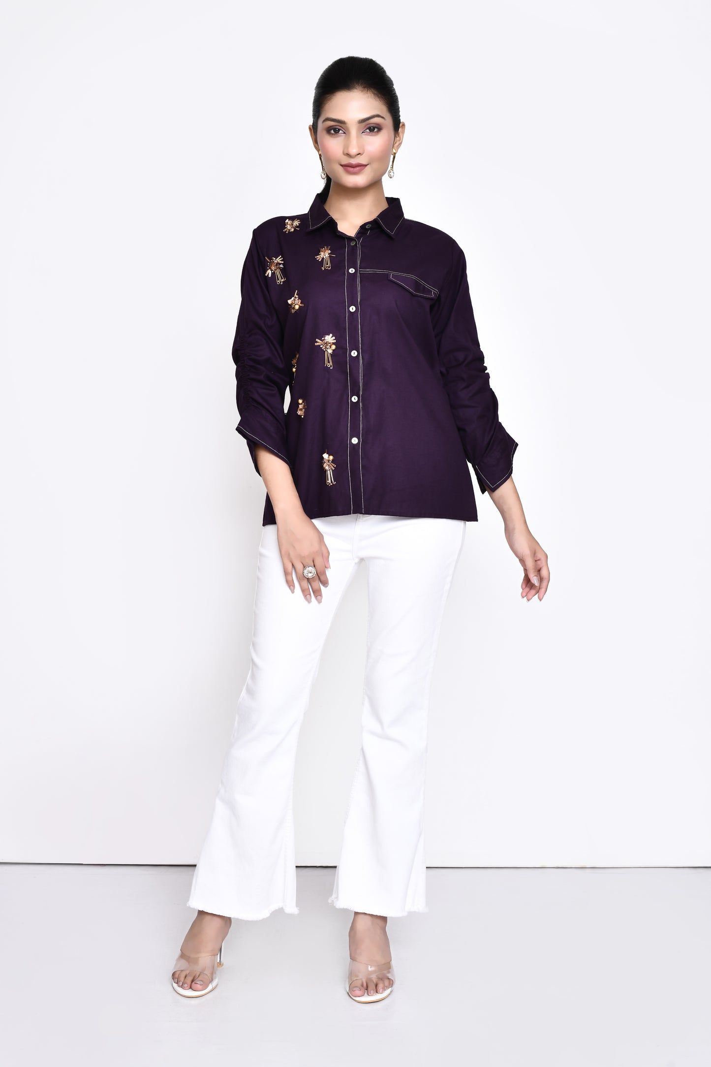 Purple Cotton Embellished Shirt