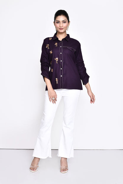 Purple Cotton Embellished Shirt