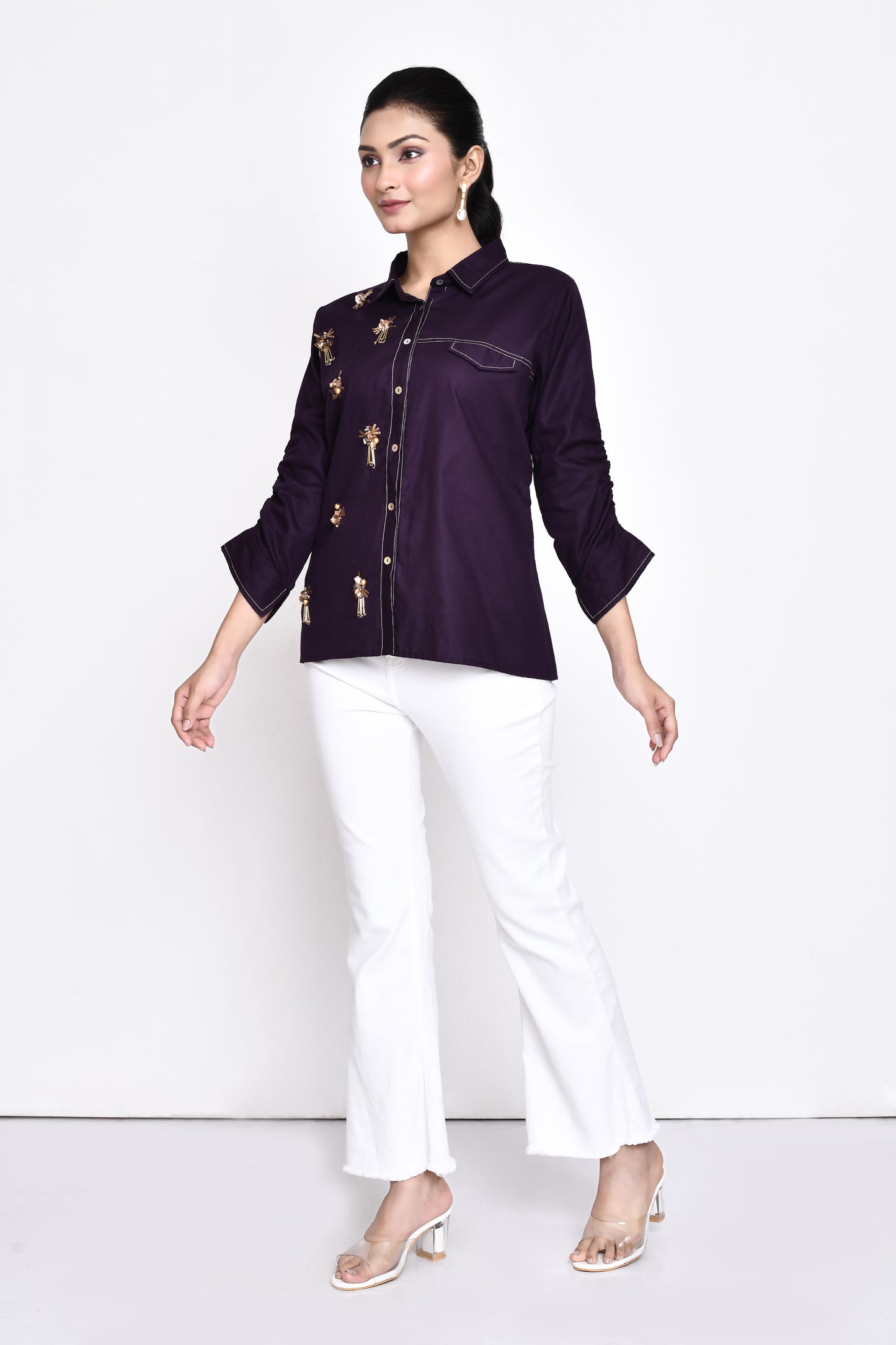 Purple Cotton Embellished Shirt