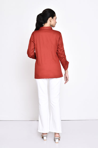 Rust Cotton Embellished Shirt