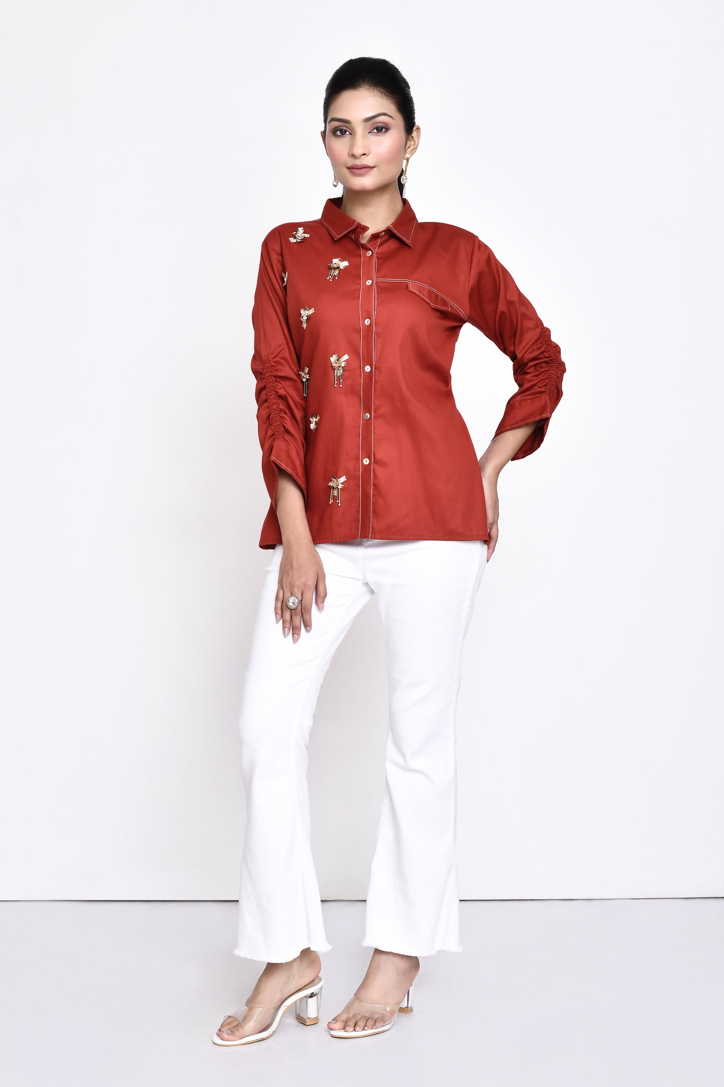 Rust Cotton Embellished Shirt