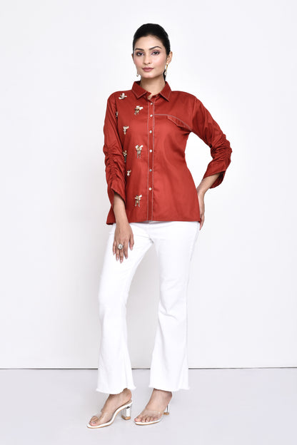 Rust Cotton Embellished Shirt
